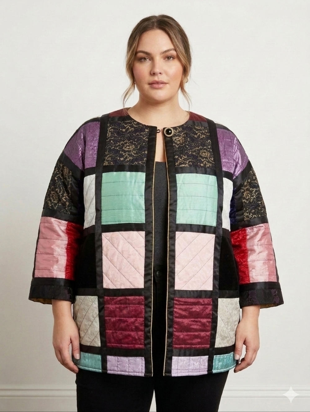 Quilted Patchwork Satin Square Jacket 2X Handmade Velvet Lace Multicolored Open
